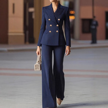 欧美跨境女式西装套装亚马逊早春秋时尚简约线条双排纽扣两件套装