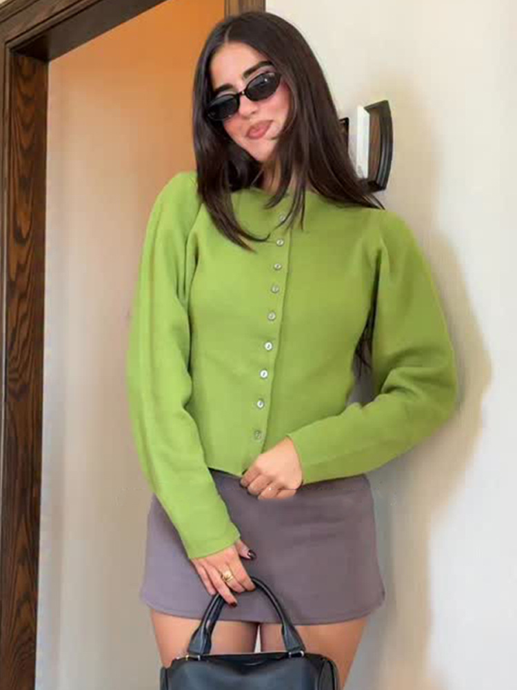 Elegante estilo simple estilo de color sólido cuello redondo de una sola fila cardigan otoño 2025 nuevo estilo transfronterizo europeo y americano