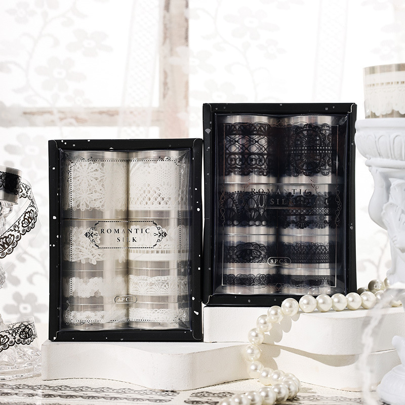 Conjunto de cinta adhesiva transparente de lenguaje de seda romántico, blanco y negro, dos colores, cinta de mano de encaje retro transfronteriza opcional