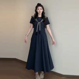 大码休闲时尚套装女夏季微胖mm显瘦梨型身材短袖上衣半身裙两件套