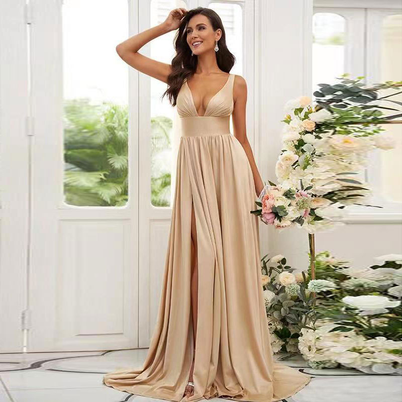 Comercio exterior europeo y americano Amazon AliExpress deseo vestido con cuello en V sexy Correa split largo champán vestido de noche