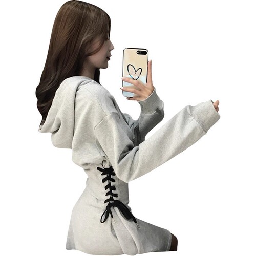 Stylish Fitted Waist Strap Long Sleeve Hooded Sweat Dress for Women, Casual Windy Spring and Autumn Design Sensory Dress for Petite Figures