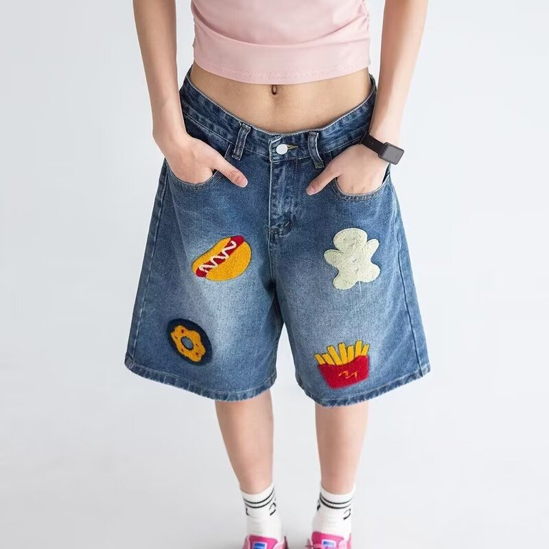 Artistic and cute cartoon towel embroidery women's vintage niche casual wide-leg versatile shorts fashion