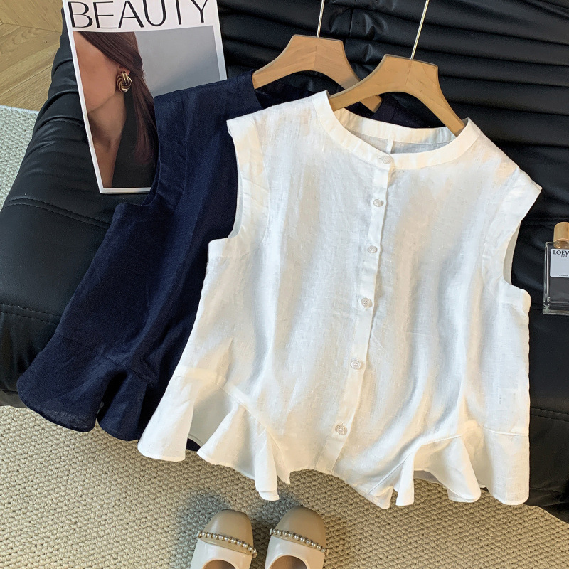Cross-Border Foreign Trade Real Shot 2026 Summer New Cotton and Linen Round Neck Ruffle Design Age-Reducing Sleeveless Shirt Top for Women