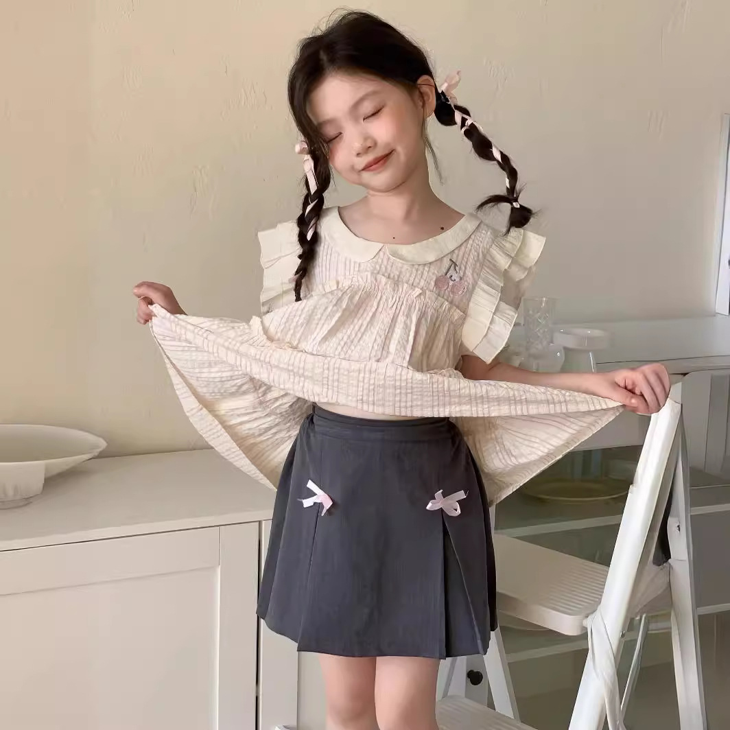 童裝2024夏女童蝴蝶結學院風百褶裙中大童女寶學院風蝴蝶結半身裙