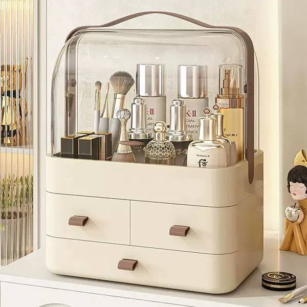 Cosmetic Storage Box, Multi-Layer Dustproof Vanity Organizer with Drawers & Handle, Large Capacity