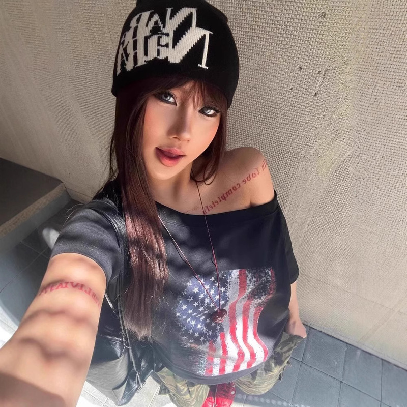 American Style Retro Printed Slant Shoulder Gray Short-sleeved T-shirt Women's Summer Spice Girls Loose Slimming All-match Shoulder Top Trendy Ins