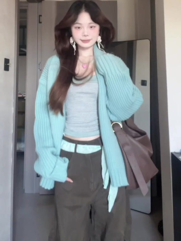 蓝色坑条毛衣女25秋季韩系chic慵懒高级感气质绝美减龄软糯外套|undefined