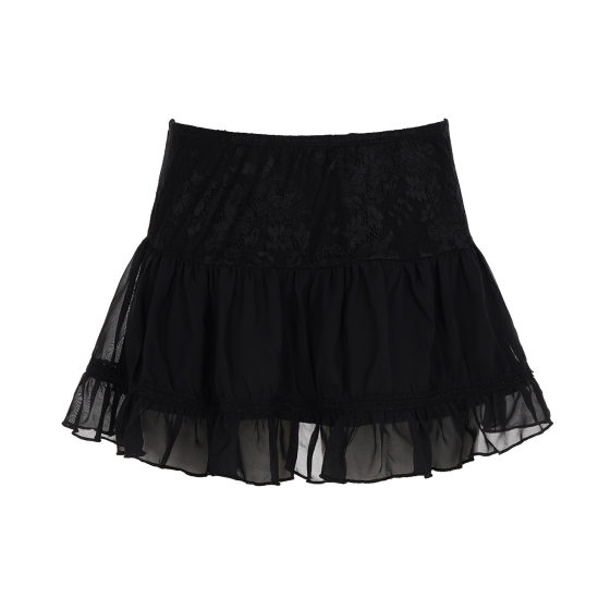 Celebrity-Inspired Dark Personality Mesh Splicing Low-Waist Spicy Girl Solid Color A-Line Slimming Short Skirt 205 New Model