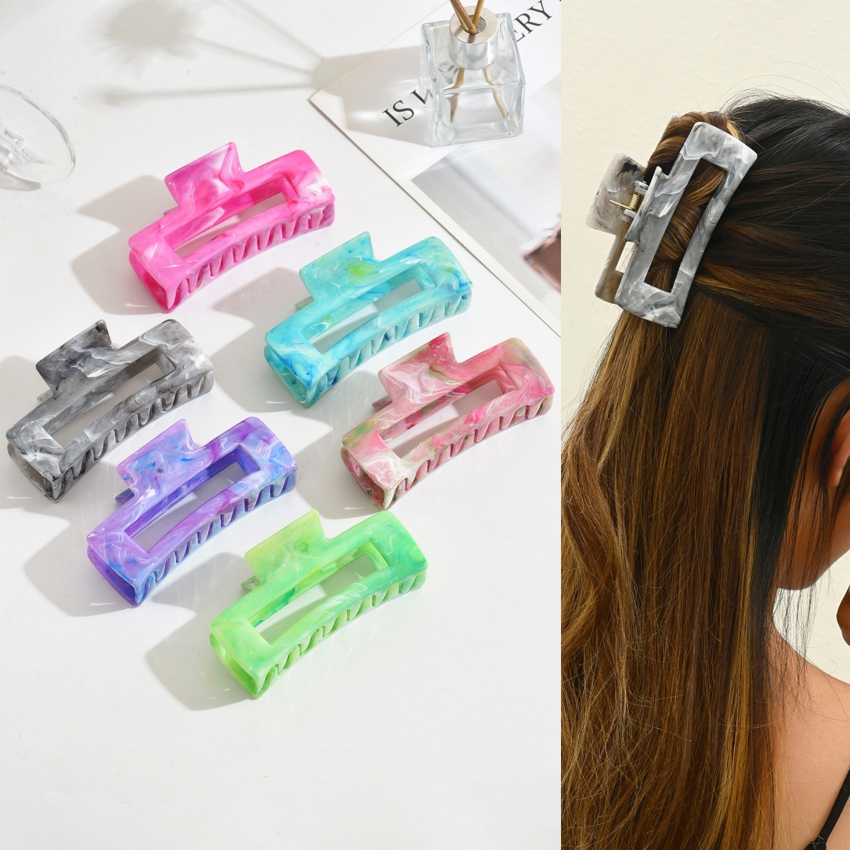 Cuadrado de tiburón de tamaño grande clips de mármol detrás de la cabeza clip de pelo temperamento colorido para el cabello de las mujeres agarrar 10.5cm de largo adornamiento para el cabello