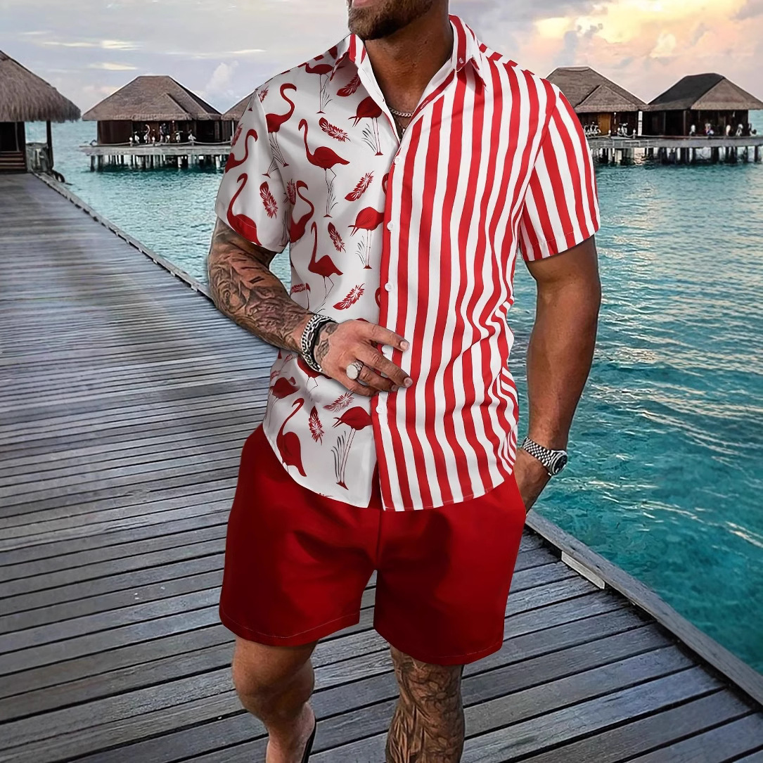 2025 크로스보더 아마존 남성 여름 새 슈트 스트리트 패션 컬러 스트라이프 프린트 하와이 비치