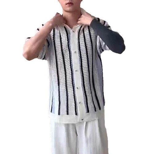 Men's Mesh Sheer Striped Knit Open-Front Top with Relaxed Fit Casual Workwear Crewneck T-shirt
