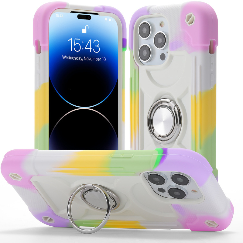 New colorful ring PC + silicone three-in-one rainbow iPhone 15 Pro 6.1 heavy-duty drop-resistant shell