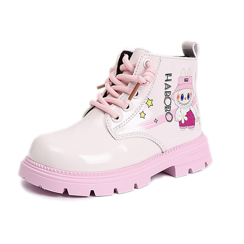 Girls 'Martin boots for autumn and winter with velvet to keep warm, new fashion leather boots for middle and large children, cartoon all-matching soft sole leather boots