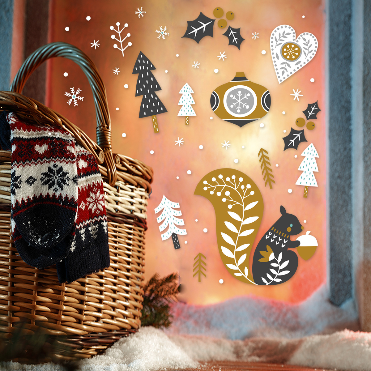 Christmas Squirrel Forest Snowflake Glass Sticker Wall Decal_voghion.com