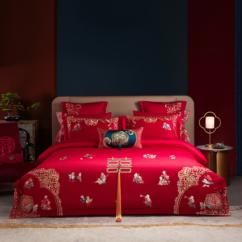 Juego de cuatro piezas de algodón puro para dote de novia, color rojo brillante, funda de edredón bordada totalmente de algodón, sábana de cama de boda, cubrecama, ropa de cama para todas las estaciones.