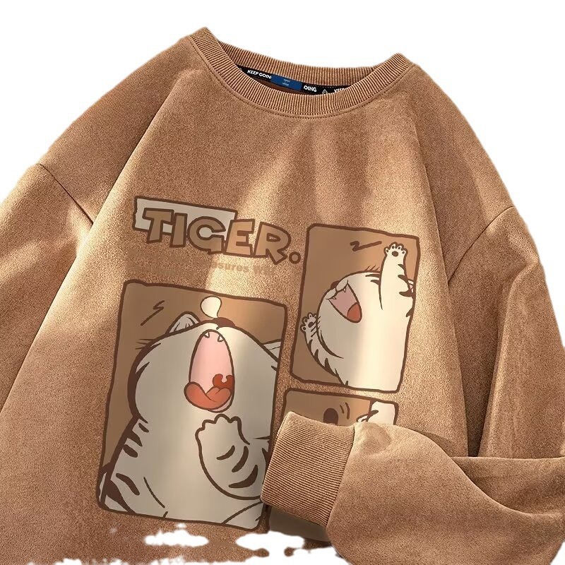Cartoon Printed Suede Hoopless Sweater Men's Lazy Style Clothes Show Thin Fashion Trend_viptrois.com