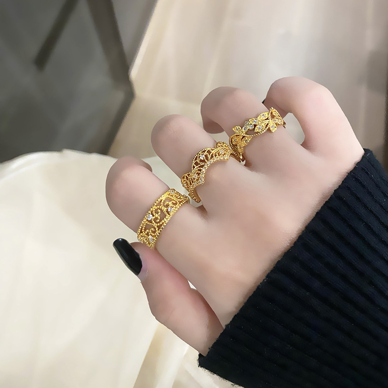輕奢復古雕花戒指蕾絲織紋鑲鑽樹葉開口戒指女小眾氣質冷淡風指環