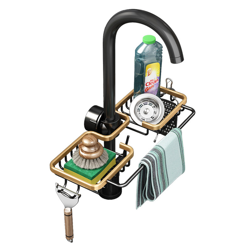 Estante de almacenamiento de cocina grifo de almacenamiento en rack de Oro Negro fregadero doméstico para lavar platos esponja trapo drenaje cesta fregadero
