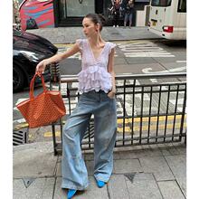 蕾丝拼接v领小飞袖雪纺衬衫女夏季荷叶边宽松白色设计感辣妹上衣