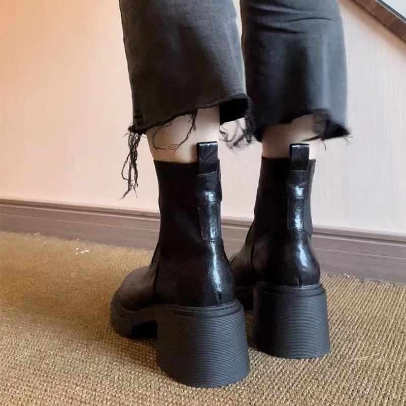 Autumn And Winter Retro Pleated Slim High-heeled Short Boots, Thick-soled Chunky Heel Black New Elastic Martin_vogvips.com