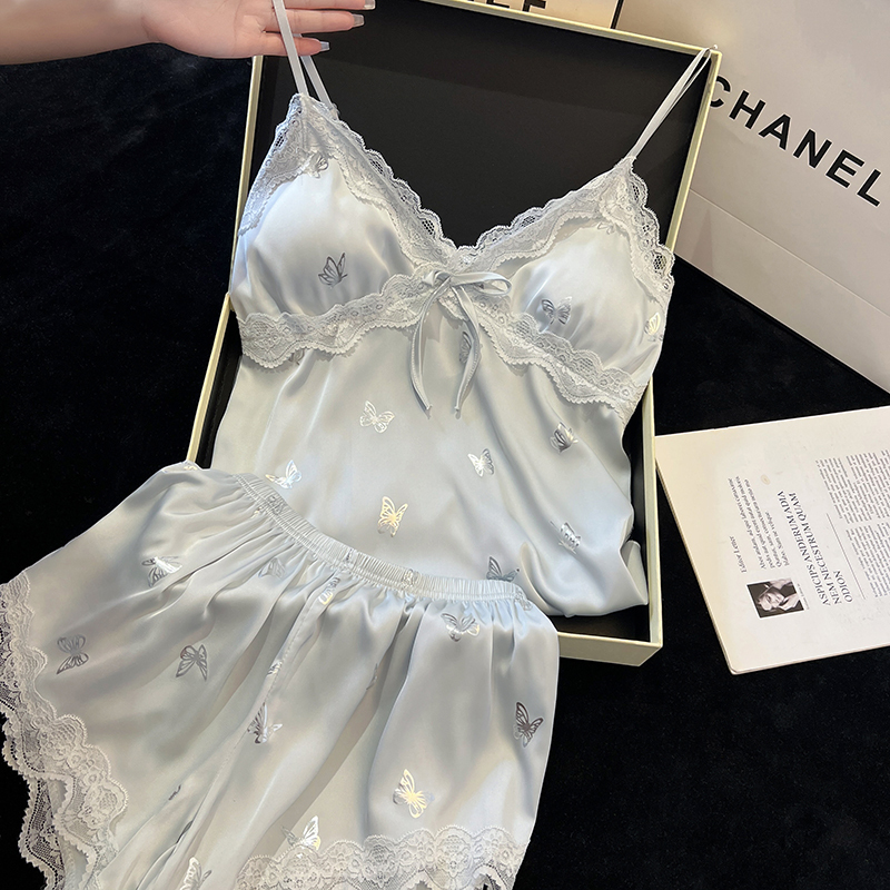 Summer Butterfly Ice Silk Suspender Pajamas, Feminine Pure Lust Style with Breast Pads, Lace Vest Shorts, Women's Home Wear Summer Butterfly Ice Silk Suspender Pajamas, Feminine Pure Lust Style with Breast Pads, Lace Vest Shorts, Women's Home Wear
