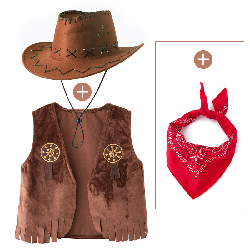 Children's Western Cowboy Vest Festival Costume Cosplay Costume Performance Costume Brown Suede Vest Scarf Hat