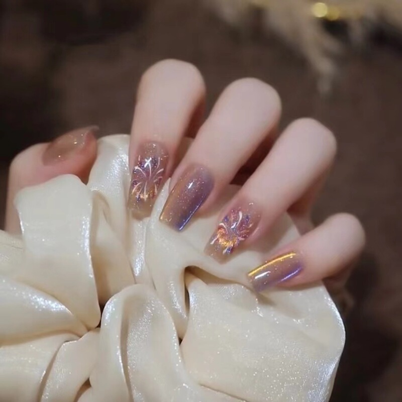 Popular online popular fireworks manicure fake nail patch finished product white cat eye new year wear nail pure handmade nail sticker