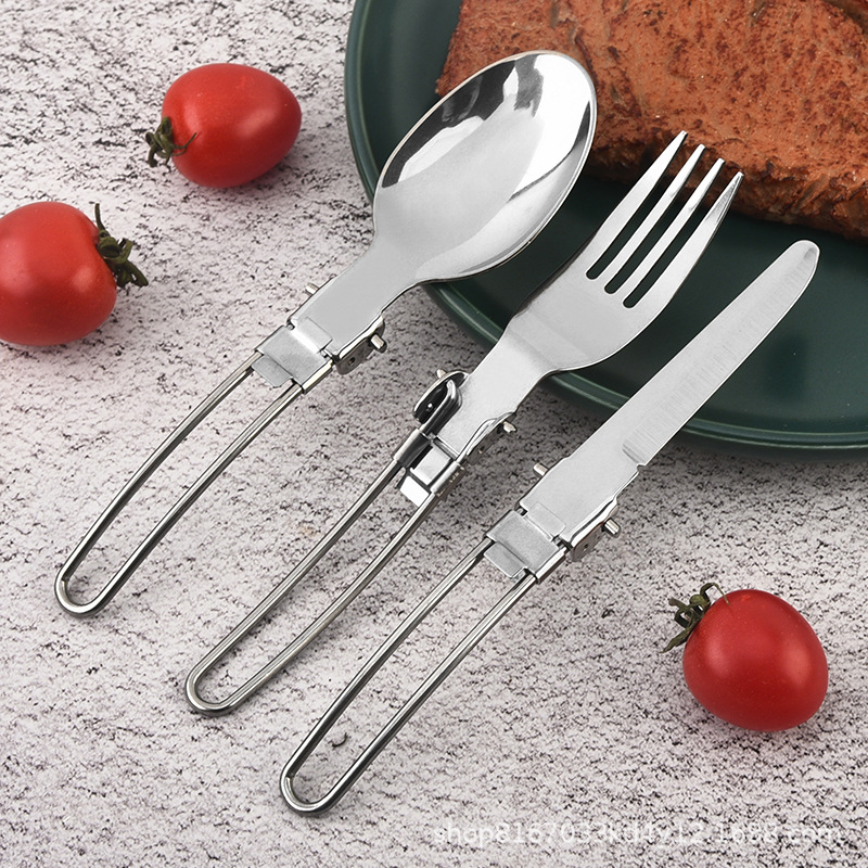 Cross-Border Folding Stainless Steel Knife, Fork, and Spoon Three-Piece Set for Outdoor Camping, Picnic, Portable Multi-Functional Travel Cutlery Set
