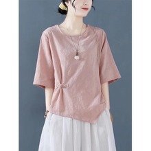 新中式棉麻提花短袖T恤女夏季中国风复古盘扣不规则麻料茶服上衣