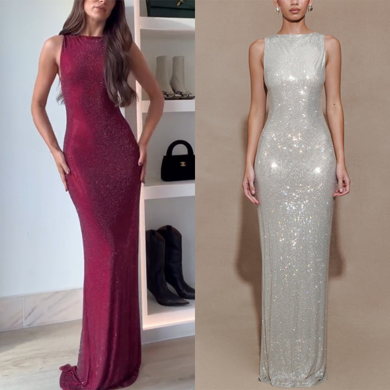 Independent Site Amazon European and American Women's Dress Sleeveless Sequined Back Slit Sexy Evening Gown for Women 8219 Independent Site Amazon European and American Women's Dress Sleeveless Sequined Back Slit Sexy Evening Gown for Women 8219