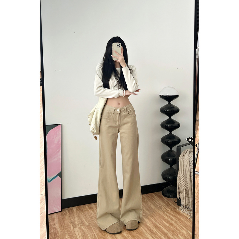 Spring and Autumn New Style Khaki Low-Waist Flared Jeans for Tall Women, Slimming and Versatile Floor-Length Pants
