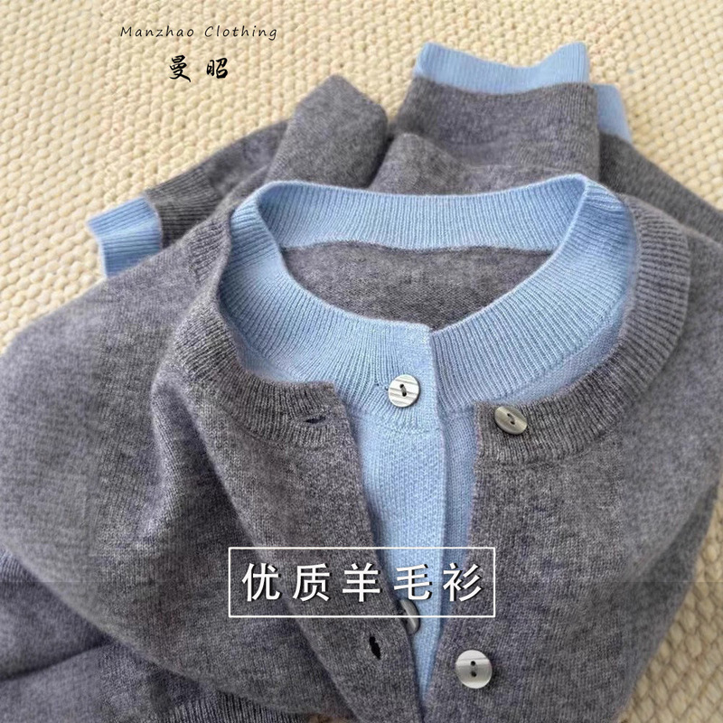 One-Piece Drop-Shipping Sweater for Women, Round Neck Cardigan, Faux Two-Piece, 100% Pure Wool Knit, Autumn Style Wool Sweater, Wholesale from Manufacturer