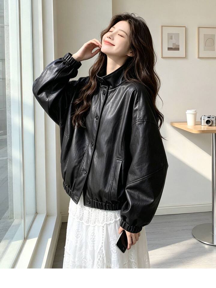 Áo khoác da PU cổ đứng dáng rộng phong cách retro, kiểu biker, dài tay, có lót — Màu đen [Chất lượng cao, có lót vải] chi tiết 3