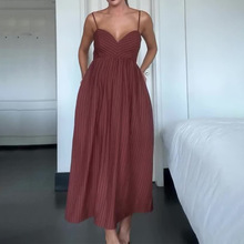 欧美外贸女装跨境女装夏季领吊带条纹长裙高腰修身露背性感连衣裙