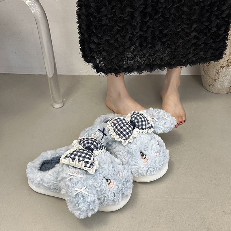 可爱少女心蝴蝶结兔子毛毛拖鞋女2025秋冬季新款厚底毛绒包头拖鞋|undefined