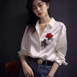 欧货白色印花缎面衬衫女高级感轻奢气质名媛上衣别致绝美长袖衬衣