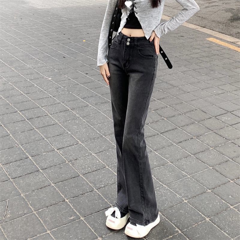 小黑裤加绒厚高腰微喇叭牛仔女秋冬季个子显瘦喇叭微喇子一件批发