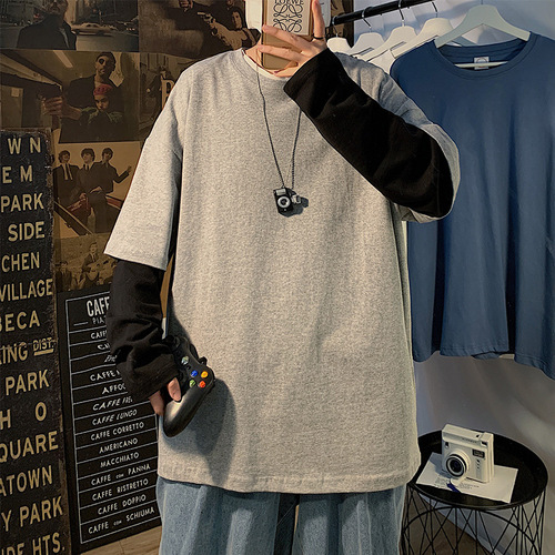 Men's Pure Color Long-Sleeve T-Shirt Top, Casual Two-Piece Blouse, Spring and Autumn Season Trendy Loose Fit Underwear Fashion, Instagram Style Body Shirt