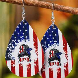 跨境欧美速卖通独立站新款复古美国独立日双面印刷皮革耳环现货