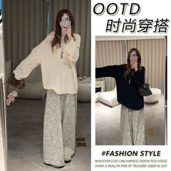 大码超火早秋穿搭新款女2025设计感法式露肩气质上衣裤子两件套