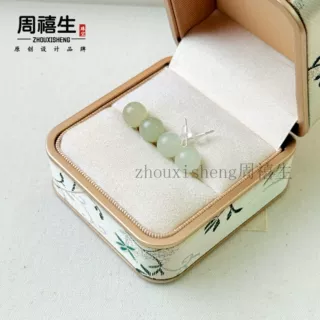 S925银镶嵌天然和田玉圆珠晴水绿圆形个性复古极简低调女款耳钉