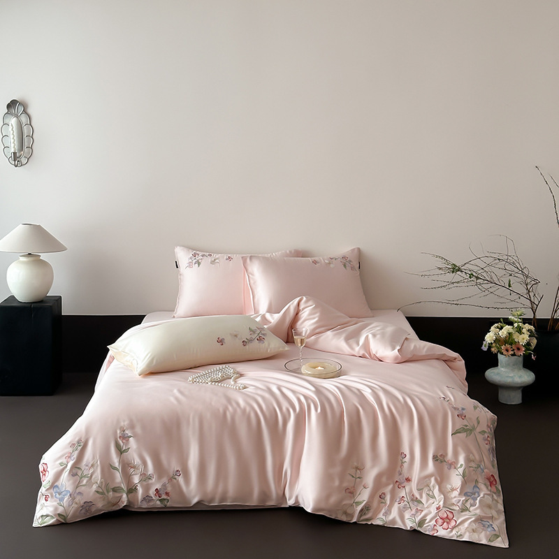 Duvet Cover SetMicrofiber Duvet Cover 100% Austrian Lenzing Tencel Four-piece Set, French-style Girly Heart Embroidery, Ice Silk Duvet Cover For Sleep_voghion.com