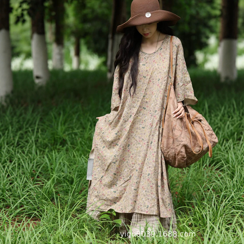26415A Nostalgic and Rustic Yarn-Dyed Raindrop Print Robe, 55% Linen 45% Cotton, Zen-Inspired Tea Dress Long Skirt, Orchid Green 26415A Nostalgic and Rustic Yarn-Dyed Raindrop Print Robe, 55% Linen 45% Cotton, Zen-Inspired Tea Dress Long Skirt, Orchid Green