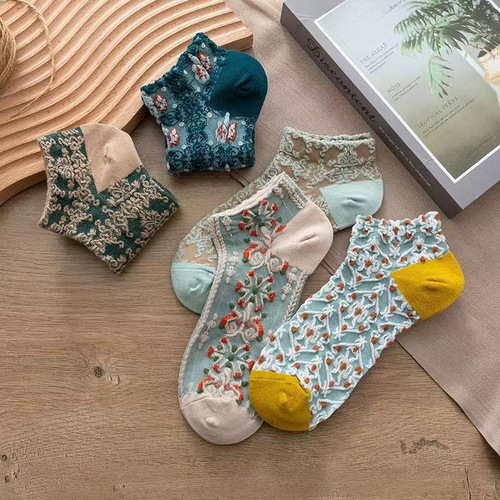 Retro socks for women's short socks literary palace sailboat socks floral new trendy socks for summer women's socks cotton breathable and sweet