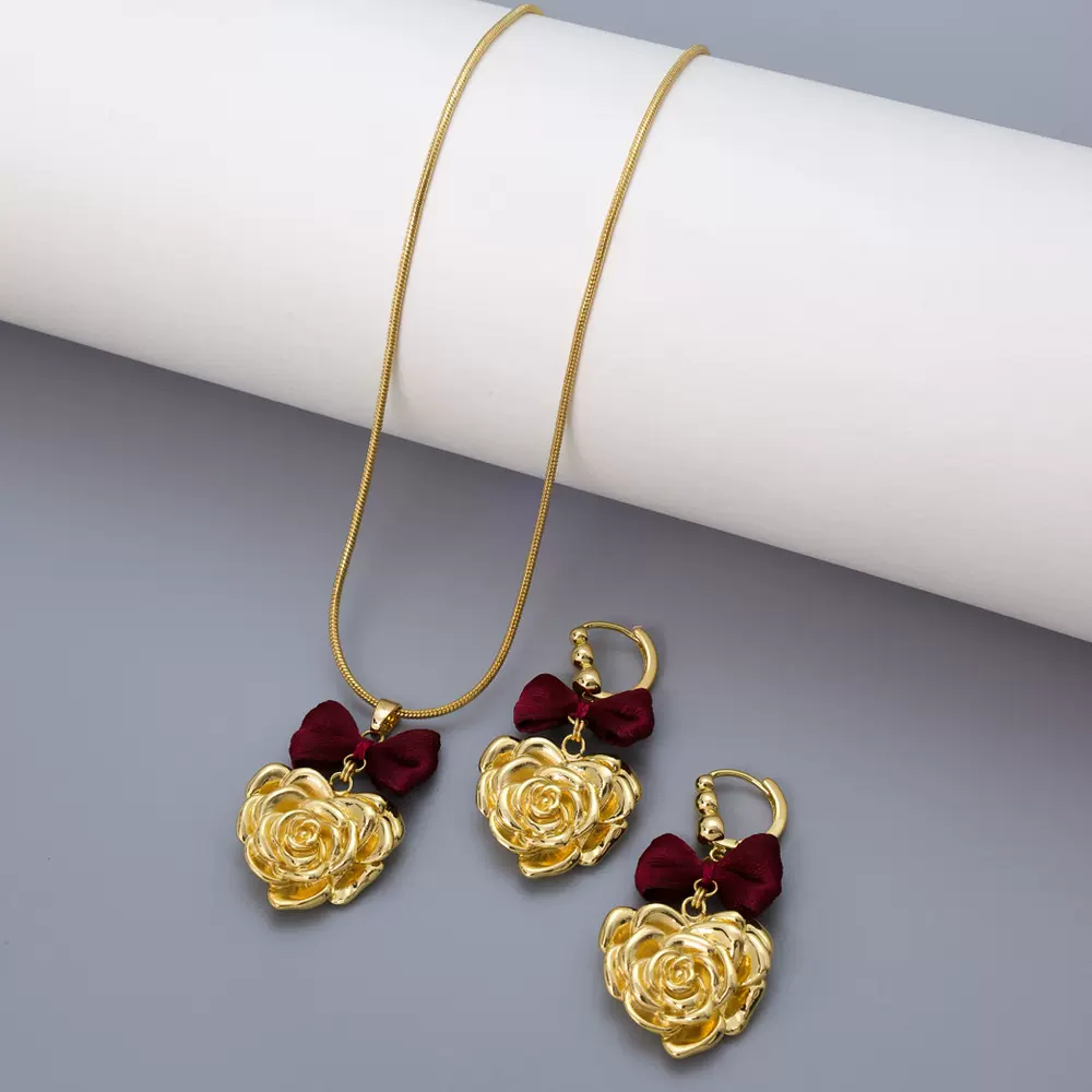 跨境热销红色蝴蝶结耳环项链女小众轻奢设计感高级感气质套装批发