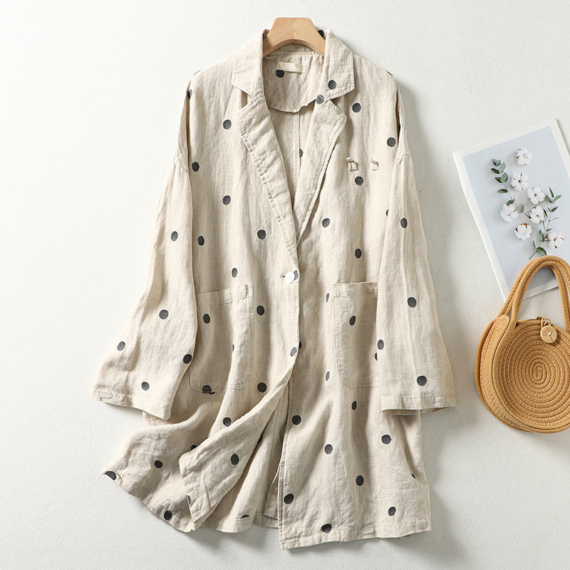Real Shot of 2025 Autumn Women's Linen Polka Dot Artistic Long-Sleeved Jacket Japanese Style Loose Mid-Length Suit with Thin Windbreaker