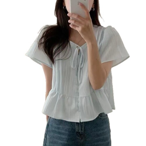 Chic Korean-style summer doll shirt, soft and sweet butterfly bow pleated shirt, design-oriented women's top