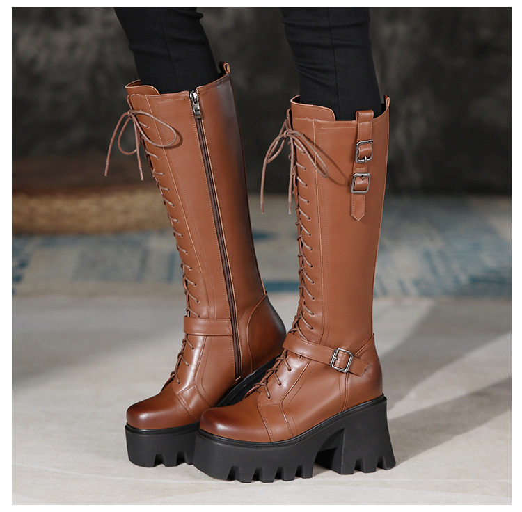Boot nữ cổ cao phong cách cổ điển, gót 10 cm, khóa dây buộc — Lót nhung đen chi tiết 6