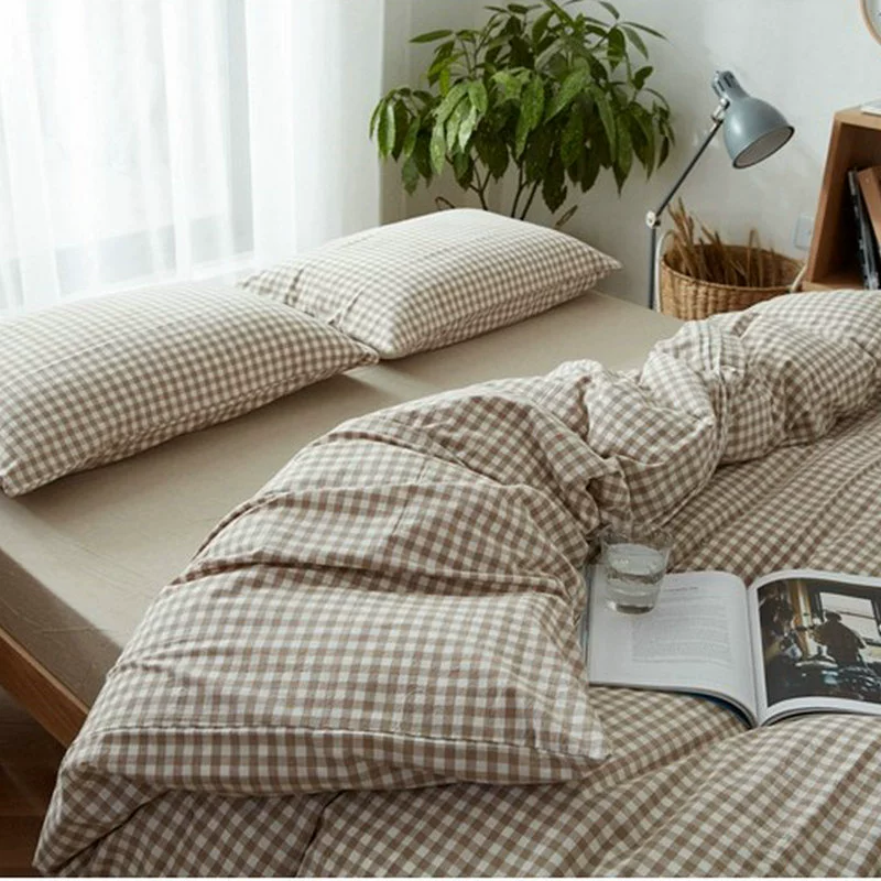 Комплект из четырех предметов из выстиранного хлопка в японском стиле, полностью хлопковый мягкий хлопок, простая клетчатая простыня, пододеяльник, Комплект постельного белья